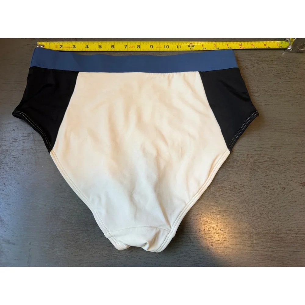 Boden Colorblock High Waisted Bikini Bottoms Blue Black Cream US 12 S0192